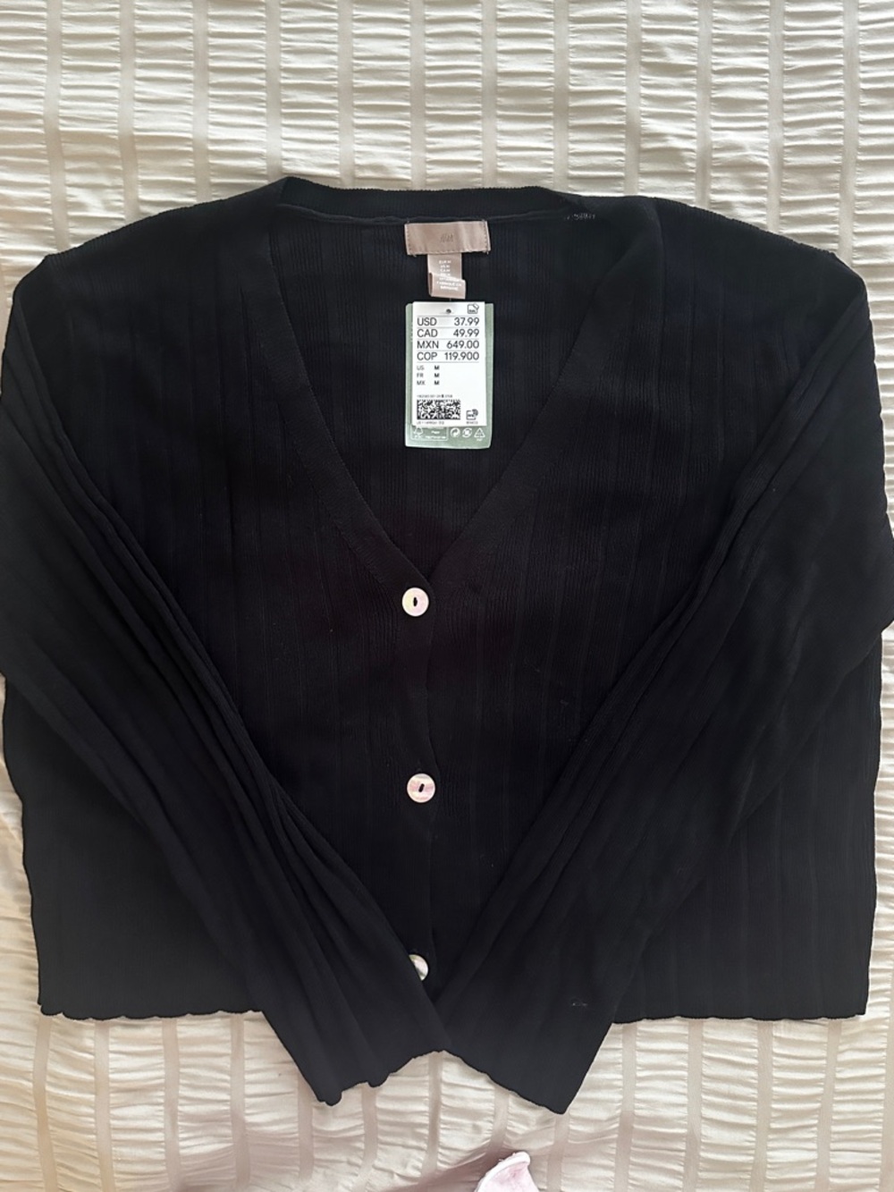 H&M Black Ribbed V-Neck Button Cardigan New With Tags Medium